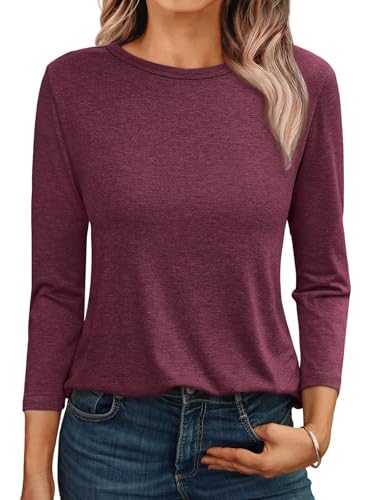 AirMood Damen-Shirt, 3/4-Ärmel, lockere Passform, Rundhalsausschnitt, Basic-Blusen, burgunderfarben, XXL von AirMood