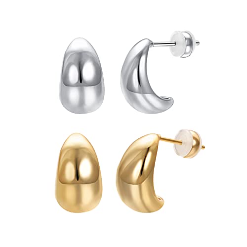 Airokiy 2 Paare Silber Creolen Chunky Ohrringe Gold Hypoallergene Vergoldete Waterdrop Ohrringe 18K Goldene Creolen The Drop Damen Earrings von Airokiy