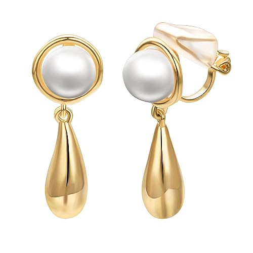 Airokiy Gold Clip Ohrringe Hängend, Damen Perlen Ohrclips Ohne Ohrlöcher, Leichte Hohle Tropfen Klipp Ohrringe, Hypoallergene Modeschmuck für Frauen und Mädchen von Airokiy