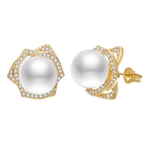 Airokiy Zuchtperlen Ohrringe Gold Stecker Damen Hypoallergene Vergoldet 585 Echtgold mit Zirkonia Modeschmuck von Airokiy