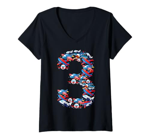 Damen Kinder 3 Jahre alt Flugzeug Luftfahrt 3. Geburtstag Party Kleinkind T-Shirt mit V-Ausschnitt von Airplane 3rd Birthday Gifts Co.