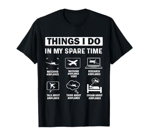 Airplane Flying Airline Engineer Funny Pilot T-Shirt - Herren, Damen, Unisex Kinder - Schwarz - S - Kurzarm - Klassisch V-Ausschnitt - Dinge, die ich in meiner Freizeit mache - Flugzeuge von Airplane Flying Airline Engineer Funny Pilot