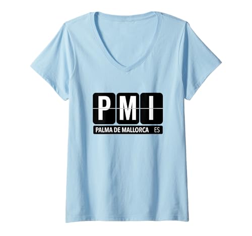 Damen PMI Palma de Mallorca Spanien Reise-Souvenir weißer Text T-Shirt mit V-Ausschnitt Damen PMI Palma de Mallorca Spanien Reise-Souvenir weißer Text T-Shirt mit V-Ausschnitt von Airport Code Flip Board Tees