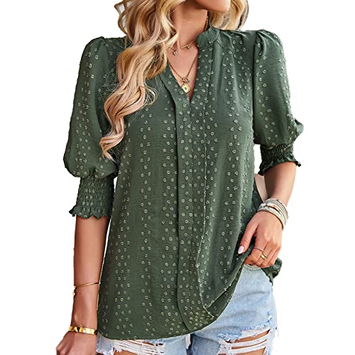 Dot Top, Fließende Damen-Bluse mit Laternenärmeln, Atmungsaktiv, Halbe Ärmel für Damen, Stilvoll für den Alltag (L) von Airshi