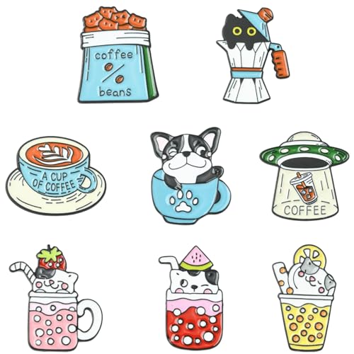 Airssory 8 Stück 8 Stile Emaille Katze Hund Brosche und Kaffeetasse Kaffeebohnen Broschen und Anstecknadeln Revers Pin Rückseite für Rucksack Kleidung Frauen Hut Dekoration Kleid Zubehör von Airssory