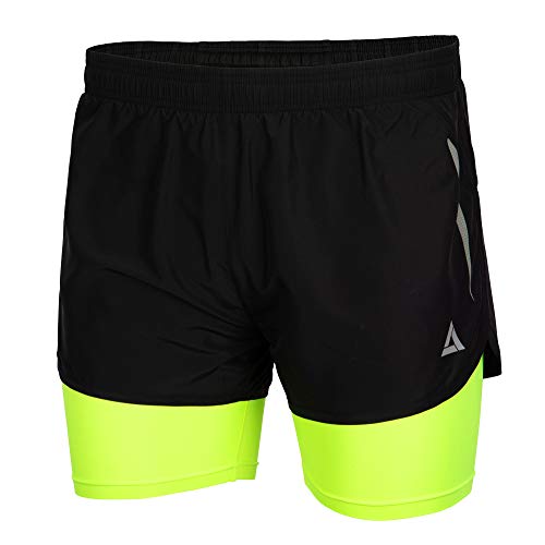 Airtracks Herren Funktions Laufhose Kurz Pro Line Laufshorts 2 in 1 Kurze Hose Sporthose für Männer Jogginghose Atmungsaktiv Schnelltrocknend S M L XL XXL XXXL XXXXL 3XL 4XL - schwarz-neon - L von Airtracks