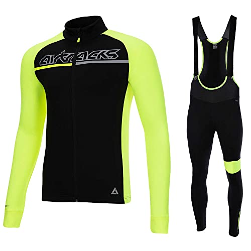 Airtracks Herren Winter Fahrradtrikot Set Pro Team II - Thermo Trägerhose Pro Team II - Thermo Fahrradtrikot Pro Team - optimal für Herbst - Winter - schwarz-neon - XL von Airtracks