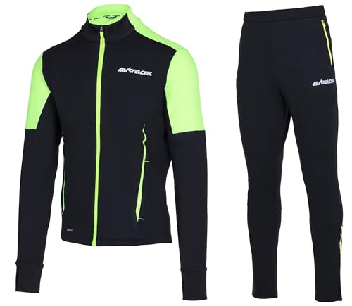 Airtracks Herren Winter Laufset Pro Team Thermo Laufhose Lang Laufshirt Langarm Sweatshirt Fleece Funktionsshirt Sport Langarmshirt Jogginghose Leggins - schwarz-neon - M von Airtracks