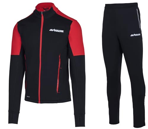 Airtracks Herren Winter Laufset Pro Team Thermo Laufhose Lang Laufshirt Langarm Sweatshirt Fleece Funktionsshirt Sport Langarmshirt Jogginghose Leggins - schwarz-rot - XL von Airtracks