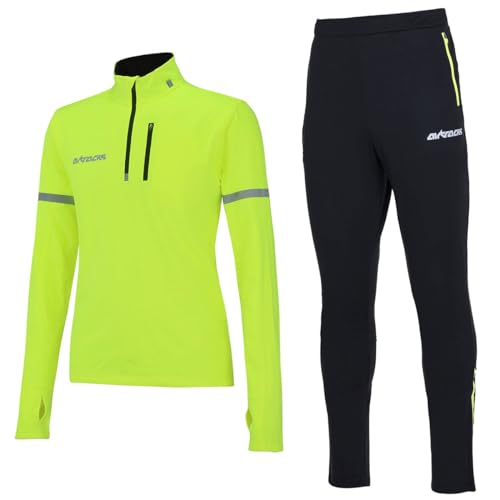 Airtracks Herren Winter Laufset ProTeam Thermo Laufhose Lang Pro Team Thermo Shirt Langarm Atmungsaktiv Reflektoren - schwarz-neon - XL von Airtracks