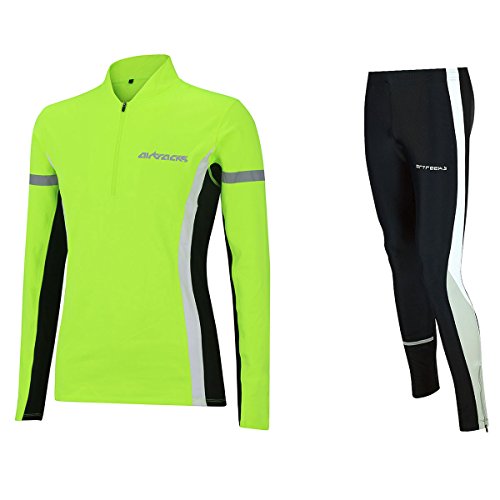 Airtracks Winter Laufset Thermo Laufhose Lang Trainingshose Tight - Thermo Laufshirt Langarm Sweatshirt Langarmshirt - schwarz-neon - L - Damen von Airtracks