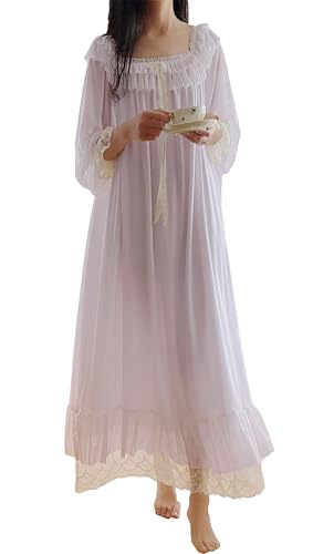 Airvid Damen Spitze Vintage Viktorianischen Nachthemd Langarm Nachtwäsche Nachthemd - Violett - Large von Airvid