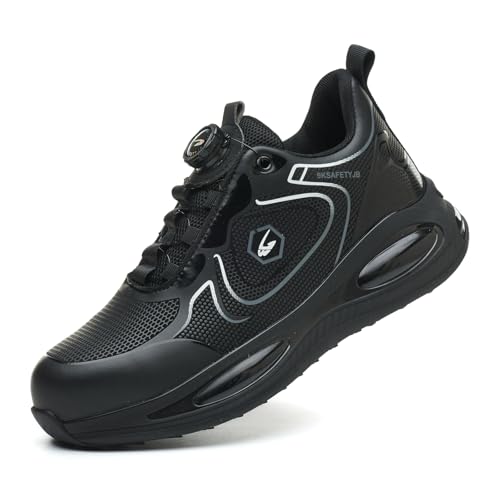 AiryMotion Arbeitsschuhe Herren S3 Sicherheitsschuhe Damen Wasserdicht Leicht Stahlkappenschuhe Drehknopf rutschfeste Atmungsaktive Safety Shoes Blackwhite 44 EU von AiryMotion