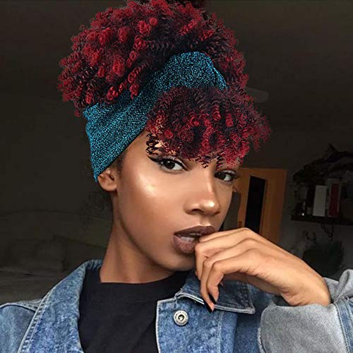 Aisaide Kurze lockige Perücke mit Haarreif für schwarze Frauen, 2-in-1 Kreuz-Perücke, Burgunderrot, Perücke mit Pony, synthetische Perücke mit Schal, Turban, Afro-Schal von Aisaide