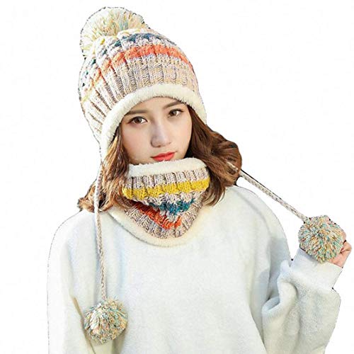 Frauen Strickmütze Schal Set Winter Warm Verdicken Häkeln Bobble Pom Pom Mütze Hut Cap Outdoor Ski Snowboard Cycle Bobble Säumen Hüte mit Fleece-Futter für Damen Mädchen Indoor und Outdoor von Aisaving