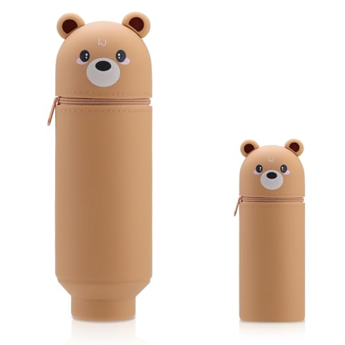 Aischens Süßes Silikon-Federmäppchen mit Reißverschluss aufstellbarem Stiftehalter 2-in-1 Cartoon-Braunbär-Design für Kinder Schule Büro & Zuhause (Braunbär) von Aischens