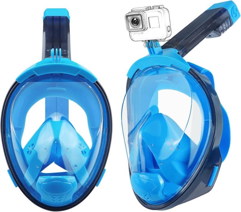 Aischens Tauchermaske Vollgesichts-Schnorchelmaske 180° Anti-Leck Kamera-Halterung, (180° Panoramamaske mit Anti-Leck-System & Kamera-Halterung – ideal für Schnorcheln, Schnorchelset mit Vollgesichtsmaske, Ohrstöpseln Netzbeutel Erwachsene), 180° Panoramablick, Anti-Beschlag, Anti-Leck-Ventil, CO₂-Schutzsystem von Aischens