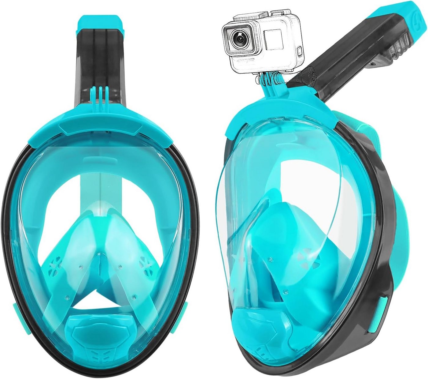 Aischens Tauchermaske Vollgesichts-Schnorchelmaske 180° Anti-Leck Kamera-Halterung, (180° Panoramamaske mit Anti-Leck-System & Kamera-Halterung – ideal für Schnorcheln, Schnorchelset mit Vollgesichtsmaske, Ohrstöpseln Netzbeutel Erwachsene), 180° Panoramablick, Anti-Beschlag, Anti-Leck-Ventil, CO₂-Schutzsystem von Aischens