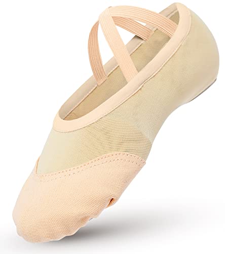 Aiseyi Ballettschuhe Mädchen Balettschlappen Kinder Dehnbar Ballettschläppchen Spaltleder Sohle Tanzschuhe Canvas Mesh Splicing Ballet Schuhe Damen Balerinaschuhe Gymnastikschuhe Aprikose 26 von Aiseyi