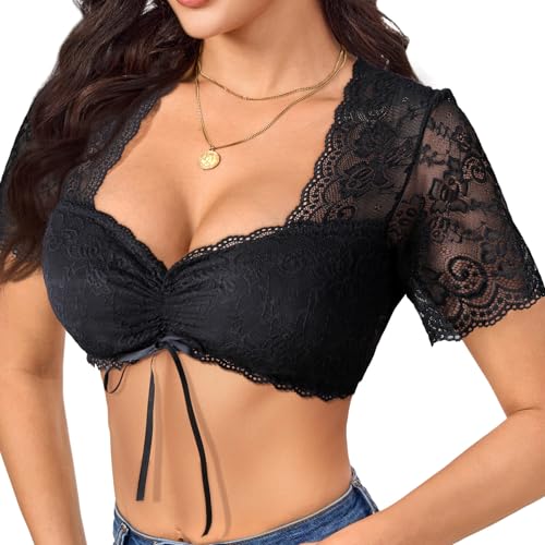 Aiseyi Dirndl Bluse Damen Schwarz Dirndlbluse Spitze Kurzarm Dirndlblusen Kordelzug Spitzenbluse Dirndl Elegante Trachtenbluse Für Bayrische Tracht Oktoberfest XXL von Aiseyi