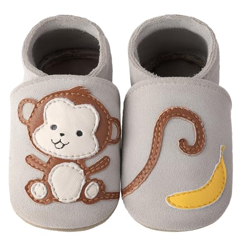 Aiseyi Krabbelschuhe Lauflernschuhe Baby Schuhe Non-Slip Lederpuschen Soft Babyschuhe Atmungsaktive Lederschuhe Babys Kleinkind mit Gummiband für Zuhause Kita Grau 0-6 Monate von Aiseyi