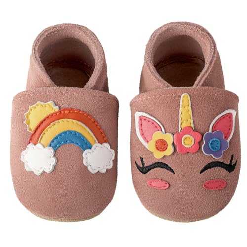 Aiseyi Krabbelschuhe Lauflernschuhe Baby Schuhe Non-Slip Lederpuschen Soft Babyschuhe Atmungsaktive Lederschuhe Babys Kleinkind mit Gummiband für Zuhause Kita Rosa 6-12 Monate von Aiseyi