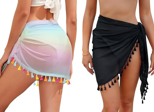 Aiseyi Strand Wrap Sarong Damen Groß 2 Stück Chiffon Strandrock mit Fransen Schwarz/Farbig von Aiseyi