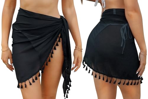 Aiseyi Strand Wrap Sarong Damen Groß 2 Stück Chiffon Strandrock mit Fransen Schwarz von Aiseyi