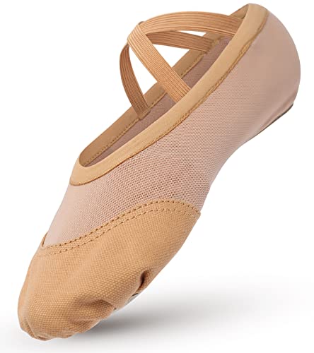 Ballettschuhe Mädchen Balettschlappen Kinder Dehnbar Ballettschläppchen Spaltleder Sohle Tanzschuhe Canvas Mesh Splicing Ballet Schuhe Damen Balerinaschuhe Gymnastikschuhe Braun 30 von Aiseyi