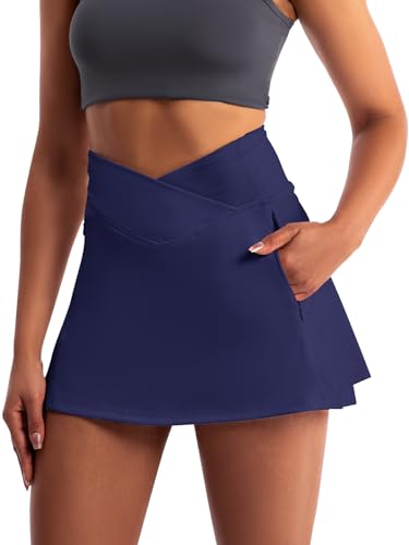 Damen Activewear Hosenrock Crossover Athletischer Rock Skorts Hoch Tailliert Tennisrock mit 4 Taschen und Hose Drunter Dehnbarer Sportrock Golf-Rock für Wanderungen Radfahren Marineblau von Aiseyi