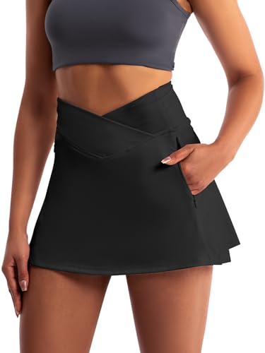 Damen Activewear Hosenrock Crossover Athletischer Rock Skorts Hoch Tailliert Tennisrock mit 4 Taschen und Hose Drunter Dehnbarer Sportrock Golf-Rock für Wanderungen Radfahren Schwarz von Aiseyi