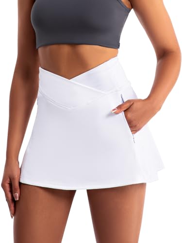 Damen Activewear Hosenrock Crossover Athletischer Rock Skorts Hoch Tailliert Tennisrock mit 4 Taschen und Hose Drunter Dehnbarer Sportrock Golf-Rock für Wanderungen Radfahren Weiß von Aiseyi