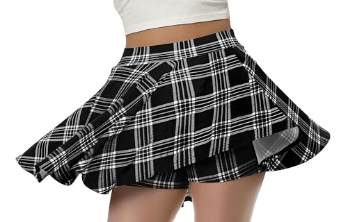 Rock Damen Sommer Große Elastizität Casual Basic Röcke A-Linien Hohe Taille Hosenrock Leichtgewicht Skater Rock mit Hose Drunter Versatile Minirock Tennisrock Schwarz kariert L von Aiseyi