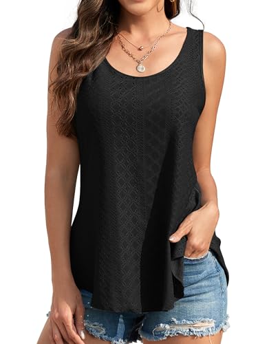 Tank Top Damen Sommer Elegant Top Ärmelloses Tanktops Frauen Elegant Scoop Neck Camisoles Shirts Bluse für Urlaub Schwarz M von Aiseyi