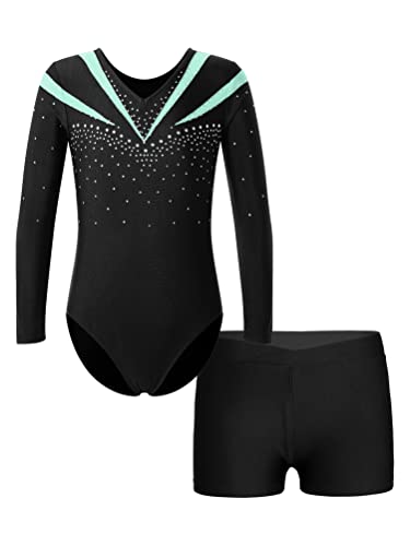 Aislor 2 Teiliger Gymnastikanzug Mädchen Glitzer Turnanzug Langarm Tanzbody mit Shorts Strass Tanzanzug Ballettkleidung Dancewear S Hellgrün 146-152 von Aislor