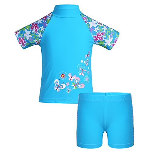 Aislor 2-teiliges Mädchen Tankini Badeanzug mit UV-Schutz und Blumendruck Badebekleidung Rollkragen Kurzarm Badeshirt + Badehose Sets Bademode Himmelblau 128-140 von Aislor