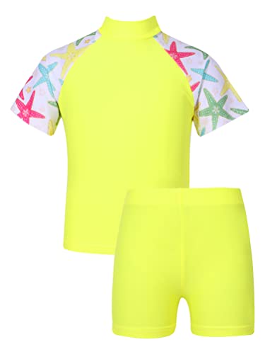 Aislor 2-teiliges Mädchen Tankini Badeanzug mit UV-Schutz und Blumendruck Badebekleidung Rollkragen Kurzarm Badeshirt + Badehose Sets Bademode S Seestern Weiß 98-104 von Aislor