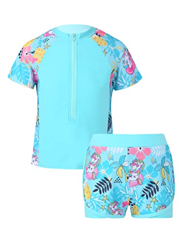 Aislor 2-teiliges Mädchen Tankini Badeanzug mit UV-Schutz und Blumendruck Badebekleidung Rollkragen Kurzarm Badeshirt + Badehose Sets Bademode T Blaues Cartoon-Pferd 110-116 von Aislor