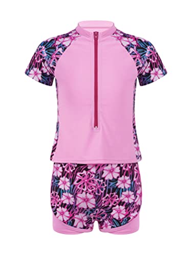 Aislor 2-teiliges Mädchen Tankini Badeanzug mit UV-Schutz und Blumendruck Badebekleidung Rollkragen Kurzarm Badeshirt + Badehose Sets Bademode T Rosa Blumen 122-128 von Aislor