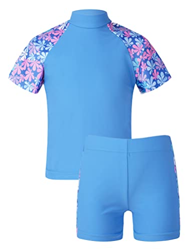 Aislor 2-teiliges Mädchen Tankini Badeanzug mit UV-Schutz und Blumendruck Badebekleidung Rollkragen Kurzarm Badeshirt + Badehose Sets Bademode S Blumenblau 98-104 von Aislor