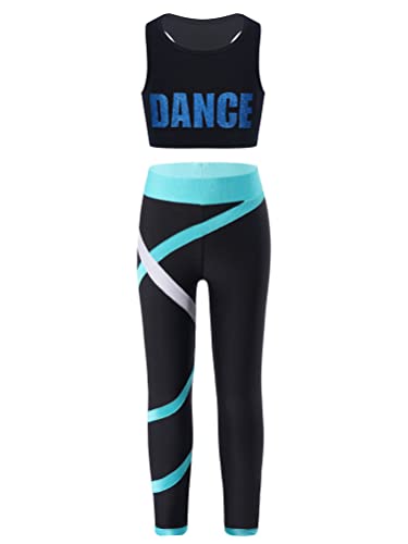 Aislor 2Pcs Mädchen Trainingsanzug Set Sportbekleidung Sommer Jogginganzug Yoga Fitness Crop Top Oberteil mit Leggings Sportanzug T Blau&Grün 110-116 von Aislor