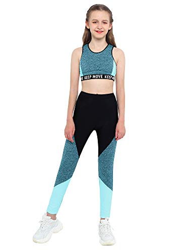 Aislor 2Pcs Mädchen Trainingsanzug Set Sportbekleidung Sommer Jogginganzug Yoga Fitness Crop Top Oberteil mit Leggings Sportanzug U Blau 122-128 von Aislor