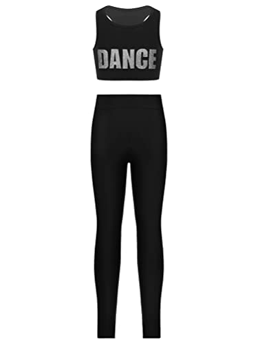 Aislor 2Pcs Mädchen Trainingsanzug Set Sportbekleidung Sommer Jogginganzug Yoga Fitness Crop Top Oberteil mit Leggings Sportanzug X Silber schwarz 134-140 von Aislor