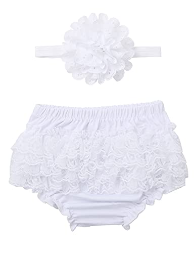 Aislor Baby Mädchen Bloomer Shorts Rüschen Höschen Windelhülle Hose Baumwolle Unterwäsche mit Stirnband Geburtstag Fotoshooting 0-9 Monate White A 62-68 von Aislor