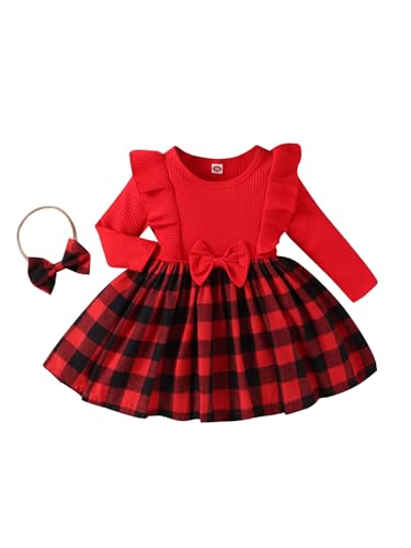 Aislor Baby Mädchen Weihnachten Kostüm Kleinkind Weihnachtskleid Baumwolle Tülllkleid mit Haarband Langarm Pullover Kleid Baby Herbst Winter Kleidung Rot A 104-110 von Aislor