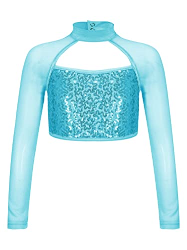 Aislor Crop Top Kinder Mädchen Pailletten Glänzend Glitzer Oberteile Bauchfrei Langarm T-Shirts Tanz Sport Fitness Top Dancewear Tanzkostüm See Blau 134-140 von Aislor