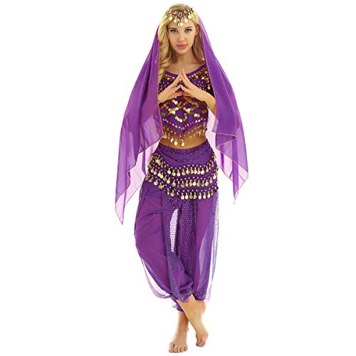 Aislor Damen Bauchtanz Kostüm Sexy Belly Dance Outfit Indische Verkleidung Set Tanzkostüm Münzen Chiffon Crop Top + Haremshose+ Hüftschal+ Schleier Lila Einheitsgröße von Aislor