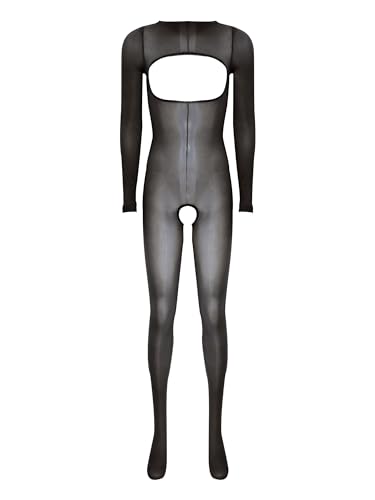 Aislor Damen Bodystocking Transparent Strumpfhose Nylonstrumpfhose Ganzkörperanzug Brustfrei Offen im Schritt Bodysuit Catsuit Unterwäsche Schwarz Einheitsgröße von Aislor