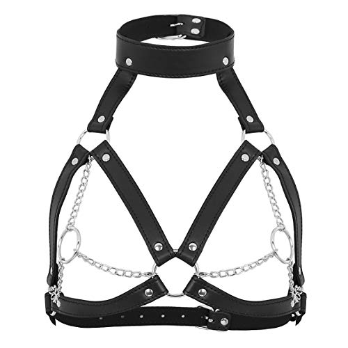 Aislor Damen Brust Harness BH Lack Leder Neckholder BH Bralette Körper Geschirr Brustgurte mit Metall-Kette Punk Gothic Kostüm Schwarz Einheitsgröße von Aislor