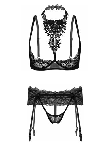 Aislor Damen Dessous Hebe BH Set Ouvert BH Brustfrei Bra Push Up Büstenhebe Sexy Open Cup Lingerie Straps Set mit Halter Perlen Ketten Strings S-5XL A Schwarz A L von Aislor